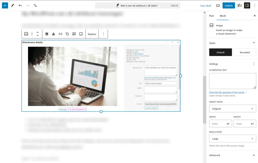 WordPress blog post afbeelding aanpassen om een alt attribuut toe te voegen.