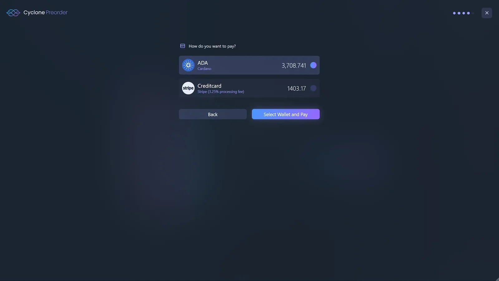 Screenshot van het crypto betaalscherm van Cyclone Iagon. Betaling is met Cardano (ADA).
