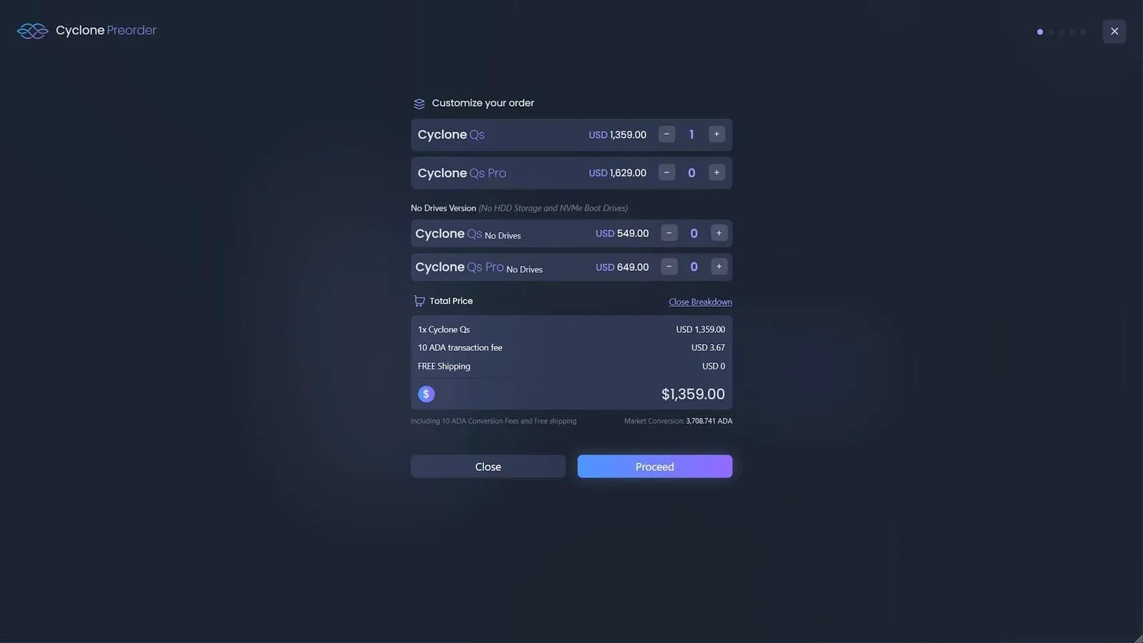 Screenshot van de product selectie voorafgaand aan het betalen met crypto voor Iagon Cyclone.